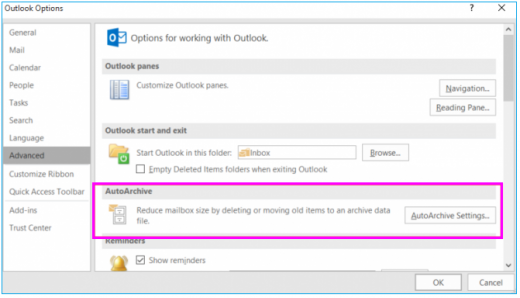 outlook 2016 archive settings